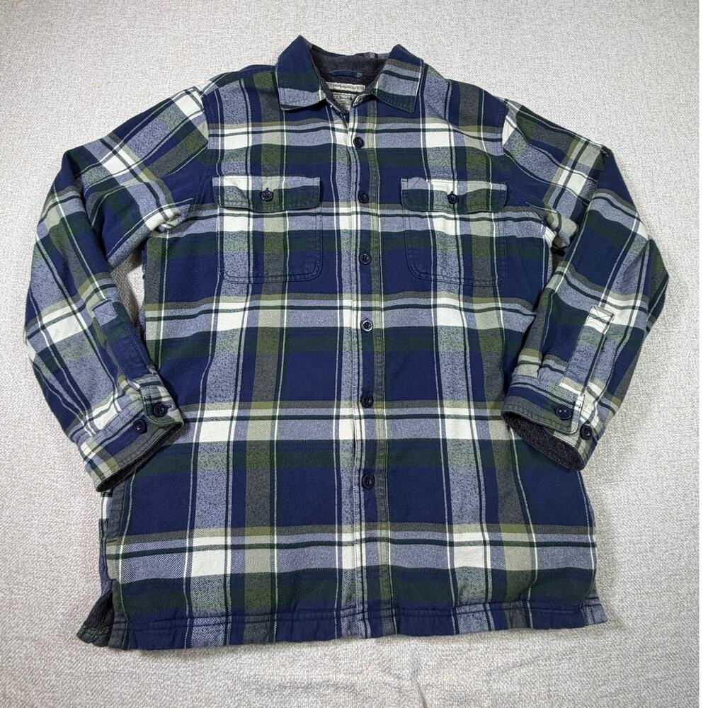 LL Bean Men Medium Blue Green Sherpa Lined Traditional Fit Plaid Flannel Shirt
